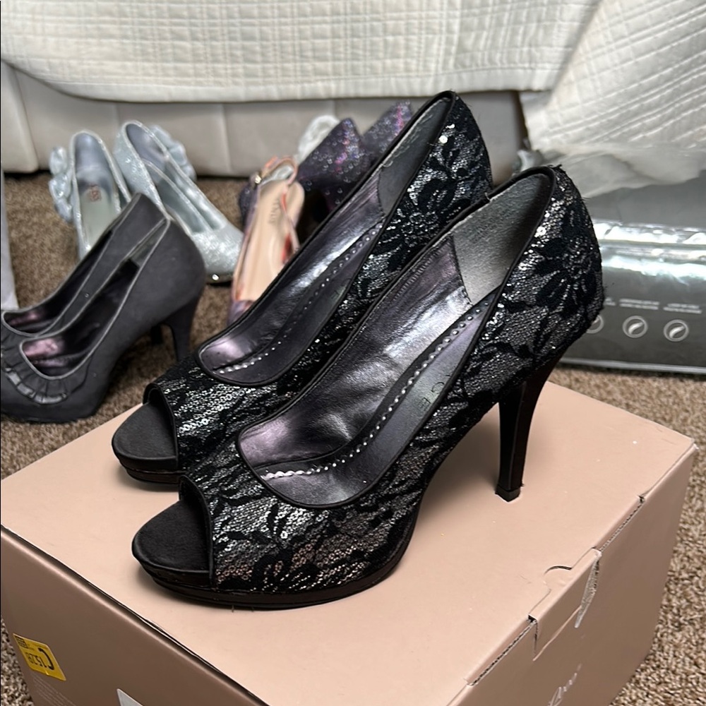 Elegant Black Lace Peep-Toe Heels